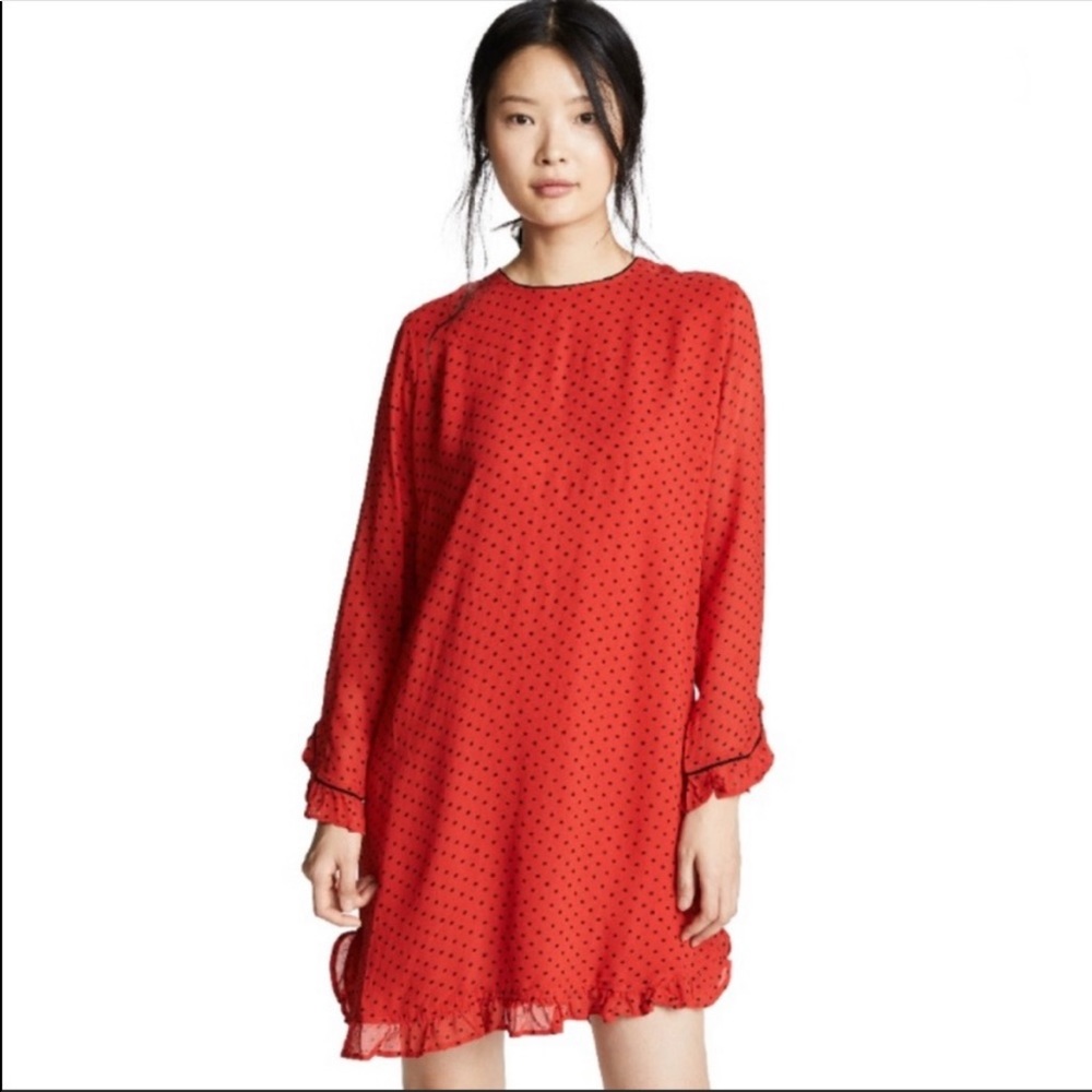 Ganni Red and Black Polka Dot Ruffle Georgette Mini Dress